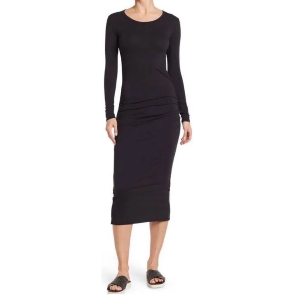 James Perse Ruched Long Sleeve Midi Dress | Minimalist Chic LBB Vibe Size 3 (L) - Picture 3 of 11